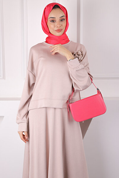 İmajButik Modal Sweat Skirt Set with Beige Rose Accessories