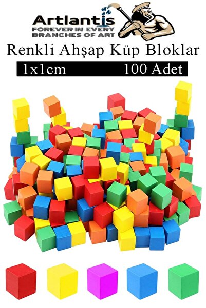 Artlantis Renkli Ahşap Küp Bloklar 1x1x1cm 100 Adet Ahşap Renkli Kare Blok Eğitici Geliştirici Oyuncak Küp Mat