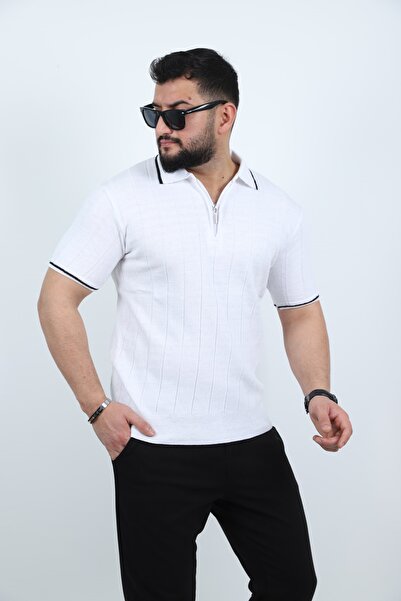 Know Beyaz Yarım Fermuarlı Polo Yaka Düz Triko Örme Tişört