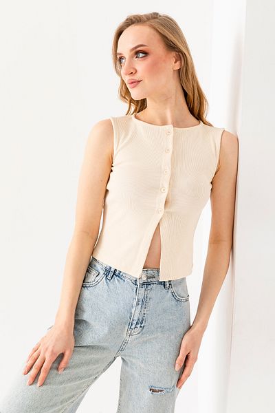 GİYSA Women's Crew Neck Buttoned Ribbed Body Cream - 25Y 2457