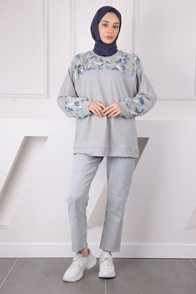 İmajButik Μοντάλ ιδρώτας με γκρι τούλι λουλούδι