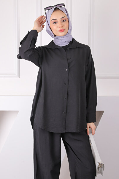 İmajButik Black Elastic Waist Shirt Pants Suit