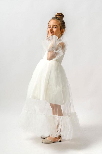Le Mabelle Ecru Sleeves Tulle Detailed Stoned Long Dress for Girls - Calla