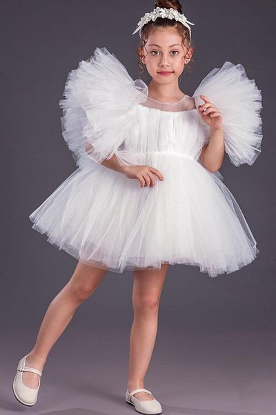 Le Mabelle White Pearl Girl's Tulle Dress with Crown Accessories - Hannah