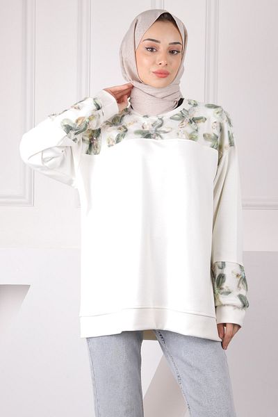 İmajButik Κρεμ τούλι με λουλούδια γαρνιρισμένο Modal Sweat