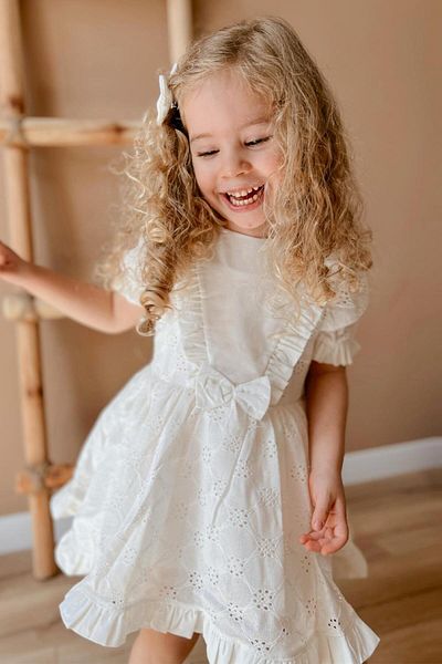 Le Mabelle Girl's Dress - White, Short Sleeve, Scallop - Vicky