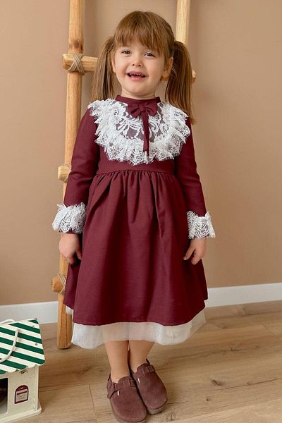 Le Mabelle Gina Burgundy Girl's Dress - Lace Detailed