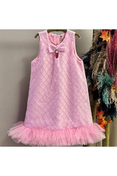 WECAN EXCLUSİVE Pink Glittery Tutu Skirt with Bow Collar Detail Girl's Party Dress