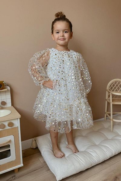 Le Mabelle Star Printed Ecru Girl's Dress - Daria with Balloon Sleeves