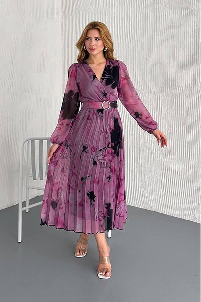 Neşeli Butik γυναικείο φόρεμα σιφόν με διπλό στήθος με λαιμόκοψη με ζώνη NBK20302