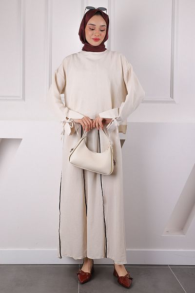 İmajButik Μπεζ Σετ Μπλούζα Φούστα Λινό