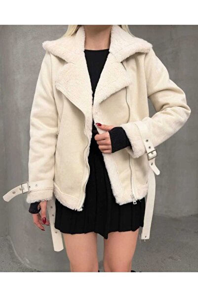 MODA DURAĞI Νέα σεζόν Γυναικεία Premium Ζώνη με Καπιτονέ Λεπτομέρεια Zr Δερμάτινο Suede Παλτό