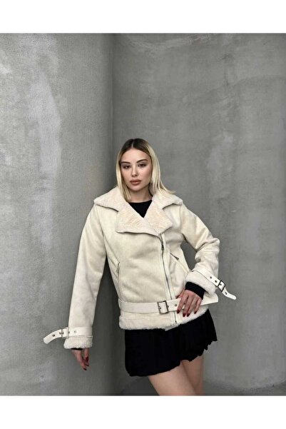 MODA DURAĞI Νέα σεζόν Γυναικεία Premium Ζώνη με Καπιτονέ Λεπτομέρεια Zr Δερμάτινο Suede Παλτό