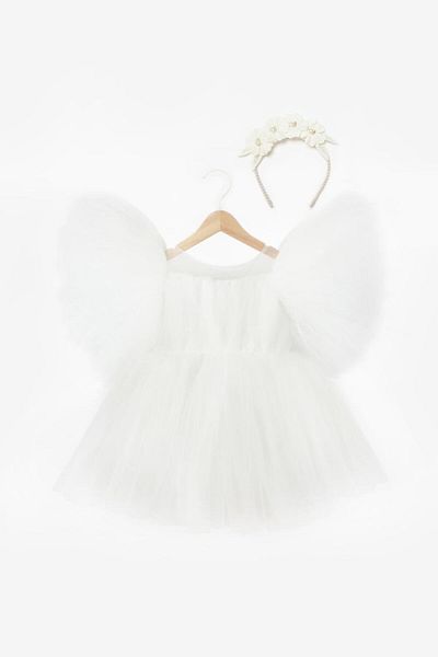 Le Mabelle White Pearl Girl's Tulle Dress with Crown Accessories - Hannah