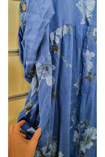 Park Moda İtalyan Elbise Çiçek Desen Robadan Uzun Keten Elbise