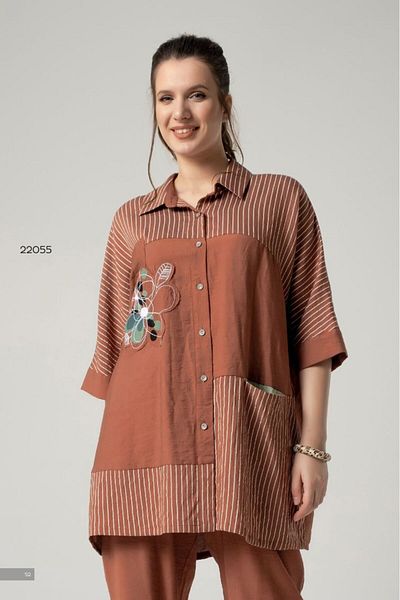 lovedrobe Zdplus 22055 Tile Color Line Detail Shirt 24 Summer-Brown - 46