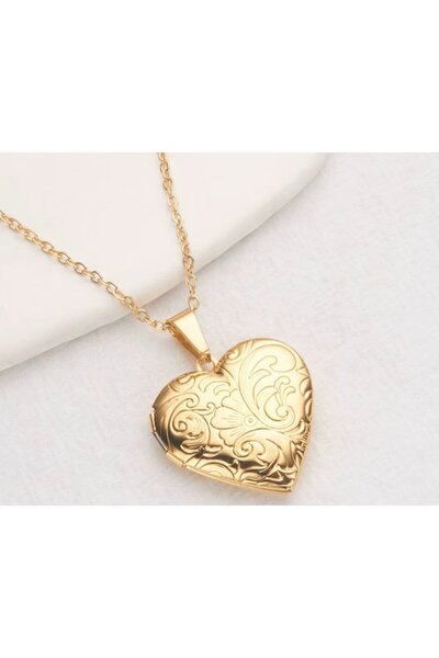 Herşey Nota Desenli Kalp Gold Model Metal Kapağı Açılabilen Resim Kolye