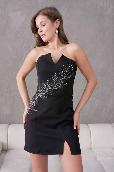 Neşeli Butik γυναικείο μίνι βραδινό φόρεμα στράπλες με πέτρινη λεπτομέρεια NBS9369
