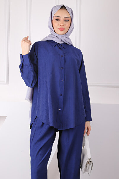İmajButik Navy Blue Elastic Waist Shirt Pants Suit