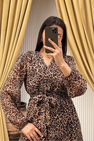 Neşeli Butik γυναικείο φόρεμα σιφόν με στάμπα λεοπάρ με ζώνη NBMY3709