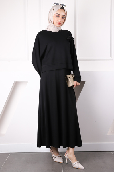 İmajButik Modal Sweat Skirt Suit with Black Rose Accessories