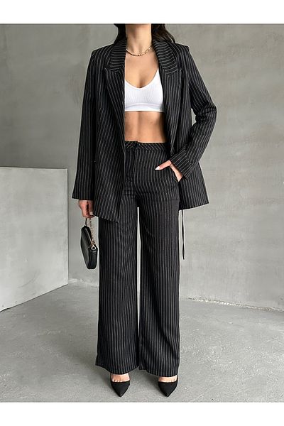 MD trend Women's Striped Blazer Jacket and Palazzo Pants Double Lace up Set