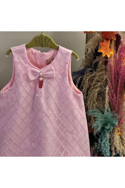 WECAN EXCLUSİVE Pink Glittery Tutu Skirt with Bow Collar Detail Girl's Party Dress