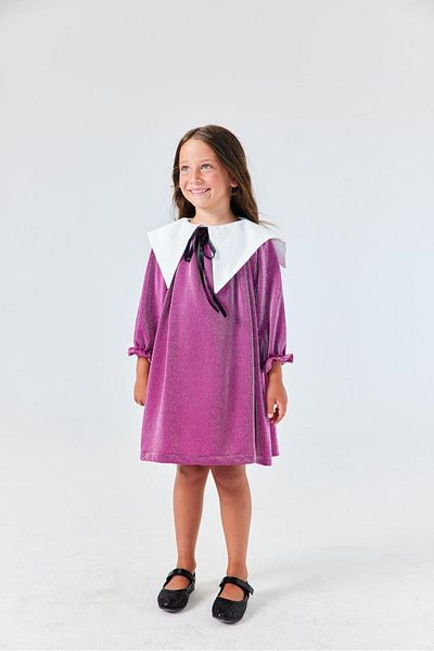 Le Mabelle Fuchsia Long Sleeve Collar Detailed Glitter Girl's Dress - Maya