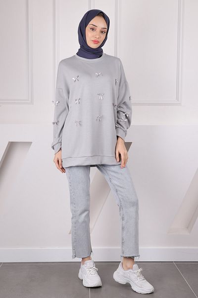 İmajButik Γκρι κορδέλα Λεπτομερής Modal Sweat