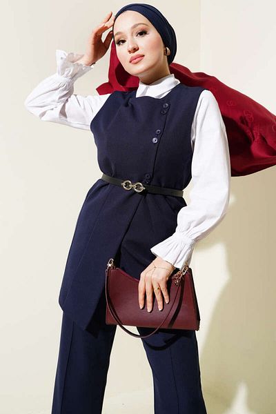 VOLT CLOTHİNG Kadın Çapraz Mini Düğmeli Yelekli Kemerli İkili Takım