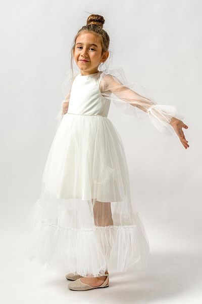 Le Mabelle Ecru Sleeves Tulle Detailed Stoned Long Dress for Girls - Calla