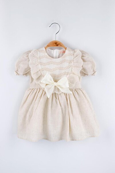 Le Mabelle Beige Short Sleeve Girls Dress with Scallop Detail and Bow - Rosa