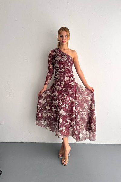 Neşeli Butik rochie asimetrică din tul cu imprimeu pentru femei NBK4161