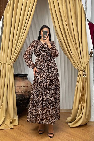 Neşeli Butik γυναικείο φόρεμα σιφόν με στάμπα λεοπάρ με ζώνη NBMY3709
