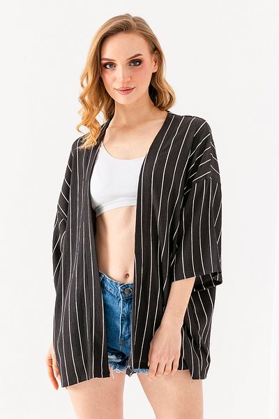GİYSA Women's Half Sleeve Striped Wrap Kimono Anthracite - 254406