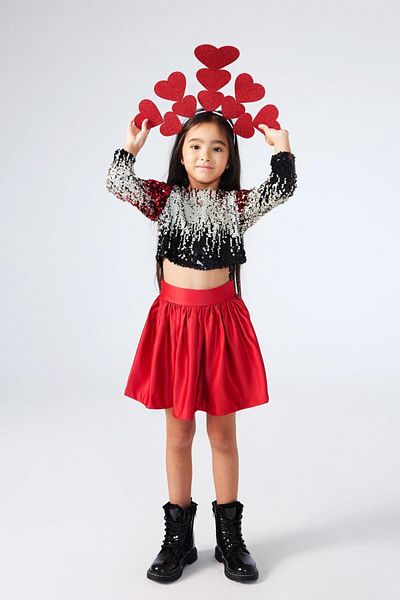 Le Mabelle Beatrice - Girl's Red Sequined Crop Skirt and Top Set