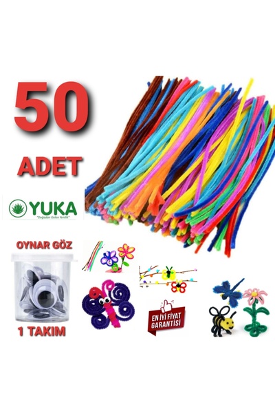 Yuka Şönil Renkli 30 Cm 50'li 1 Paket Renkli Tüylü + OYNAR GÖZ TAKIM