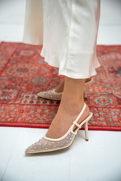 LamintaGlobal Sensu Cream Mesh Stone Embroidered Women's Heeled Shoes