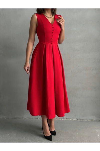 BEJNA Női piros V-nyakú gombos részletes ujjatlan ruha