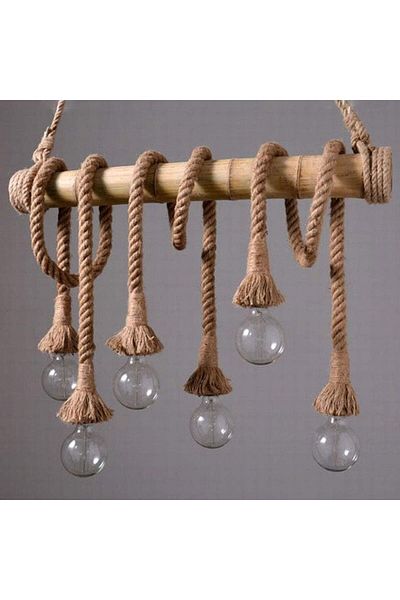 A F N LIGHTING Vintage Bamboo Rope Chandelier 6 Heads Thick Hemp Rope Industrial Ceiling Pendant Light