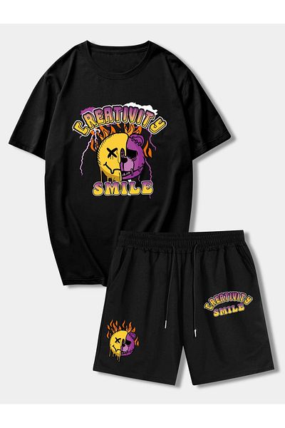 LUNAVISTA Unisex 2 Piece Tracksuit Set Consists of Smile Printed Round Neck T-Shirt and Shorts