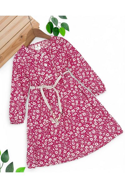 Ege Bebek Girl's Twisted Flower Printed 5-6-7-8-9-10-11-12 Years Old Long Sleeve Thin Seasonal Dress