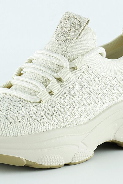 Erkan Saçmacı Beige Knitted Woven Stone Detailed Lace-Up Slip-On Sneaker