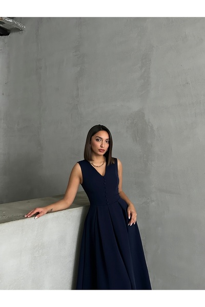 BEJNA Női sötétkék V-nyakú gombos, részletes ujjatlan ruha