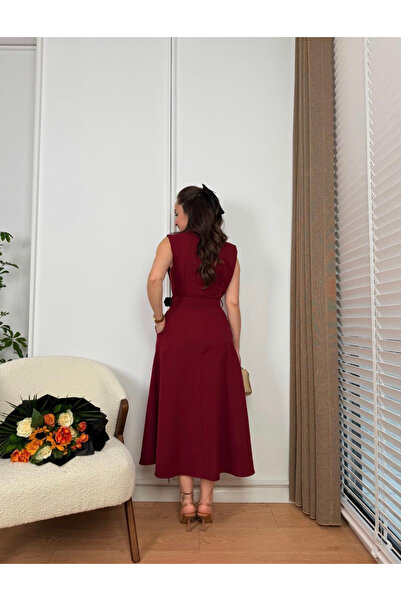 Butik Aura Mou Bordo Bisiklet Yaka Sıfır Kol Cepli Kemerli Kloş Elbise