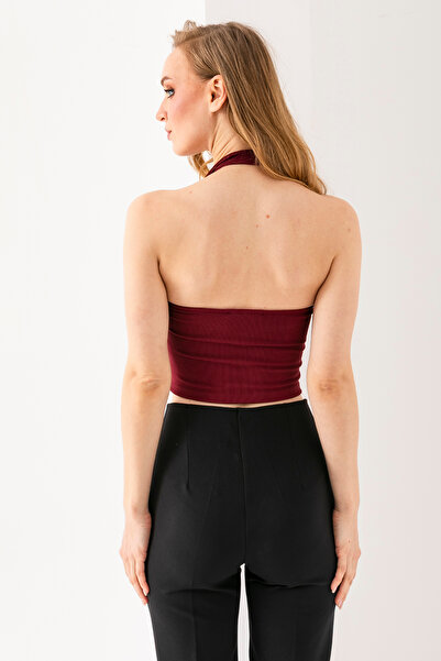 GİYSA Women's Halter Neck Strap Detailed Buttoned Ribbed Vest Claret Red - 25Y 2425