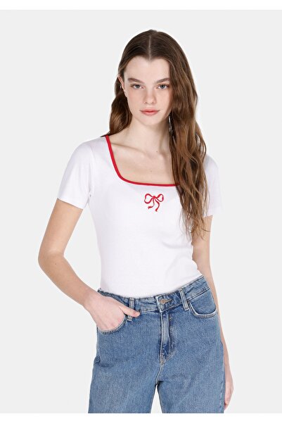 Colin's Slim Fit Square Collar Embroidered Women's White Short Sleeve T-Shirt