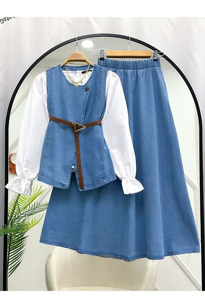 YEDİLALE Denim Vest Skirt Double Set [Belt Included, Except Shirt]