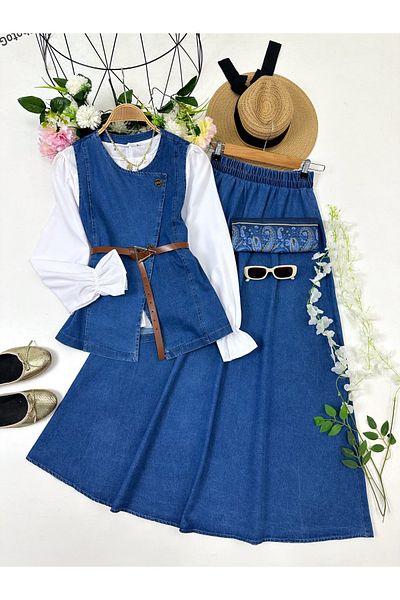 YEDİLALE Denim Vest Skirt Double Set [Belt Included, Except Shirt]