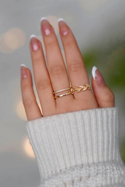The Collection Set of 2 Zircon Stone Waterway and Leaf Model Silver Adjustable Women's Ring Set (2 Rings)